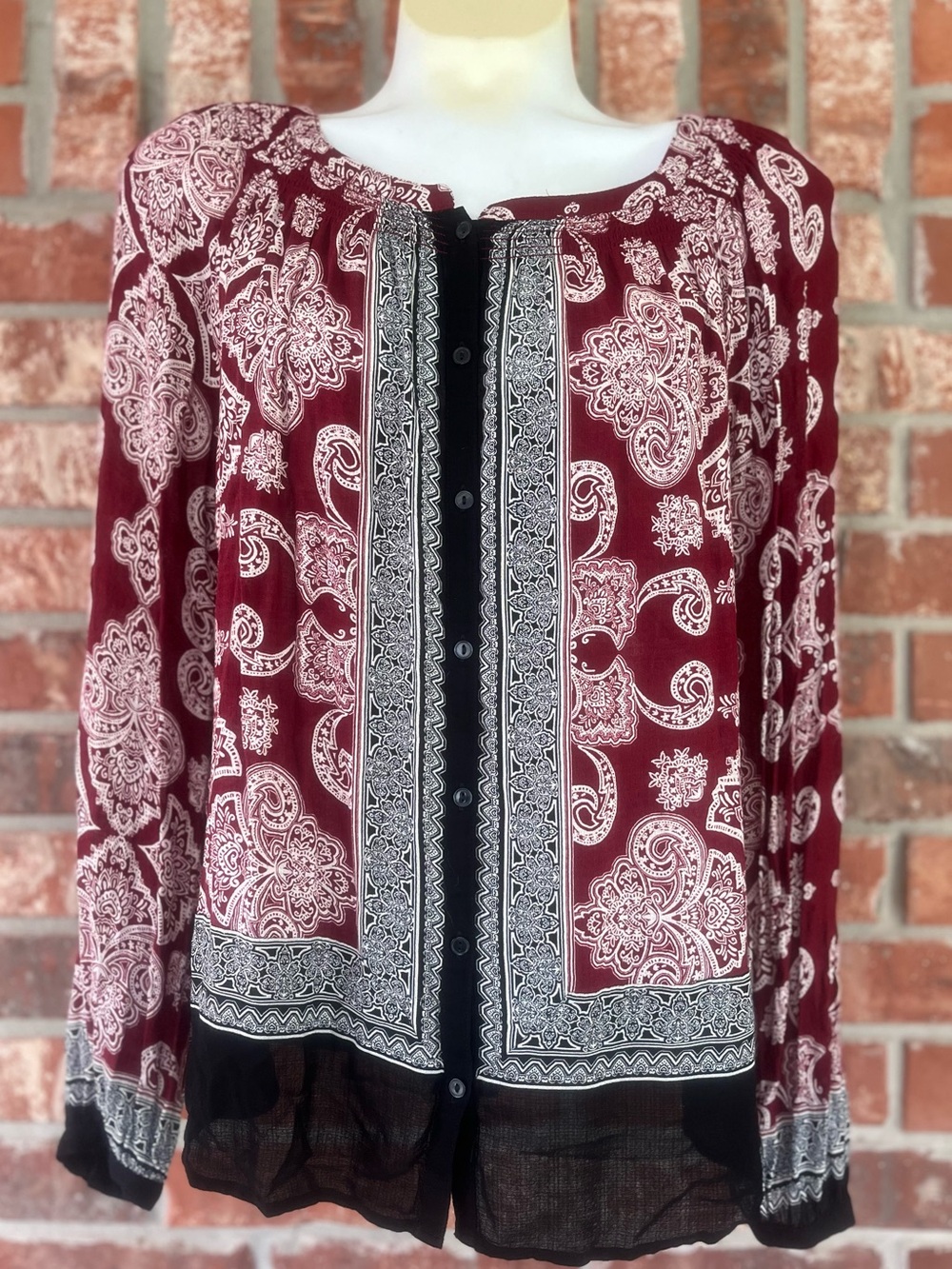 Lucky Brand Women’s Red & Black Sheer Long-Sleeve Button Down Boho Blouse L